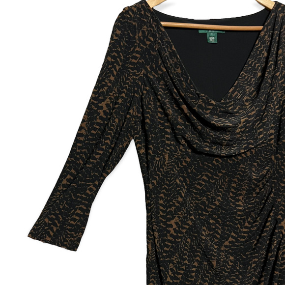 Lauren Ralph Lauren Women's Black & Brown Print Cowl Neck Ruched Side Dress Sz 8 - Picture 5 of 11